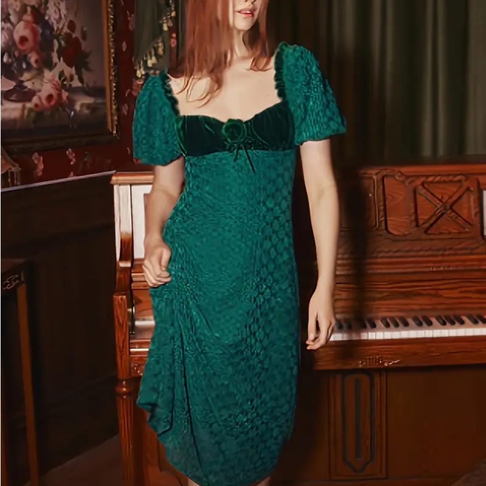 Dark Green Midi Dress Bridgerton Regency Style